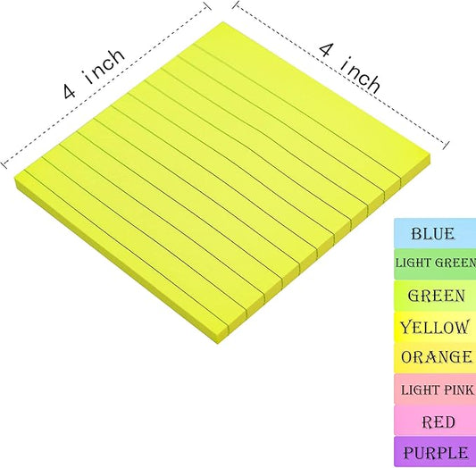 8 Pads Lined Sticky Notes 4x4 in Post, 8 Colors Self Sticky Notes Pad Its, Bright Stickies Colorful Big Square Sticky Notes for Office, Home, School, Meeting, 50 Sheets/Pad