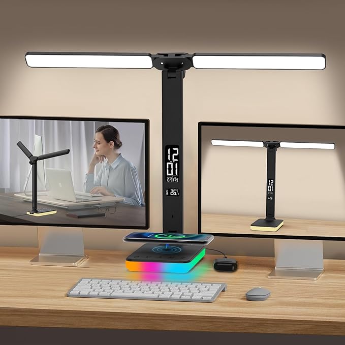 LED Desk Lamp with Wireless Charger, USB Charging Port, Dual Swing Arm Desk Light with 5 Brightness, 3 Colors, Table Lamp with Clock, Alarm, Date, Temperature, Desk Lamp for Home Office Study (Black)