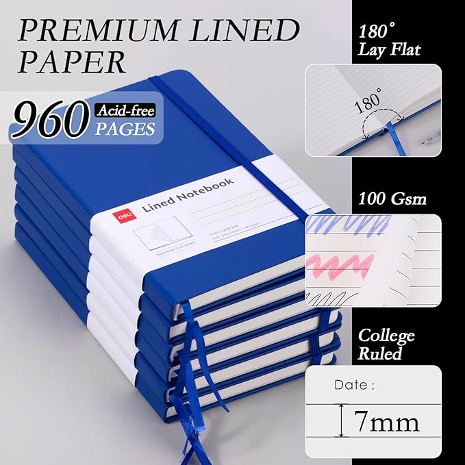 deli 6-Pack Blue Lined Journal Notebook, 160 Pages Hardcover Writing Notebook, A5 (5.5"x8.2") College Ruled Notebook for Office, School, Work Notes