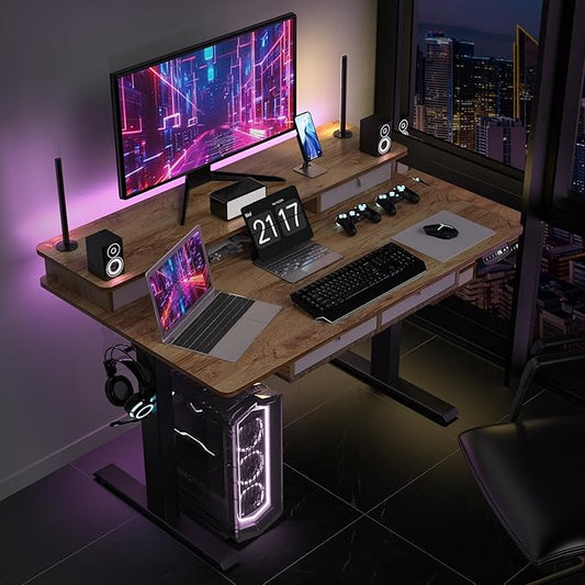 48 * 30 Inches Electric Standing Widened Desk Adjustable Height with 4 Drawers, Double Storage Shelves Stand Up Desk, Home Office Workstation Sit Stand up Desk (Light Rustic Brown)