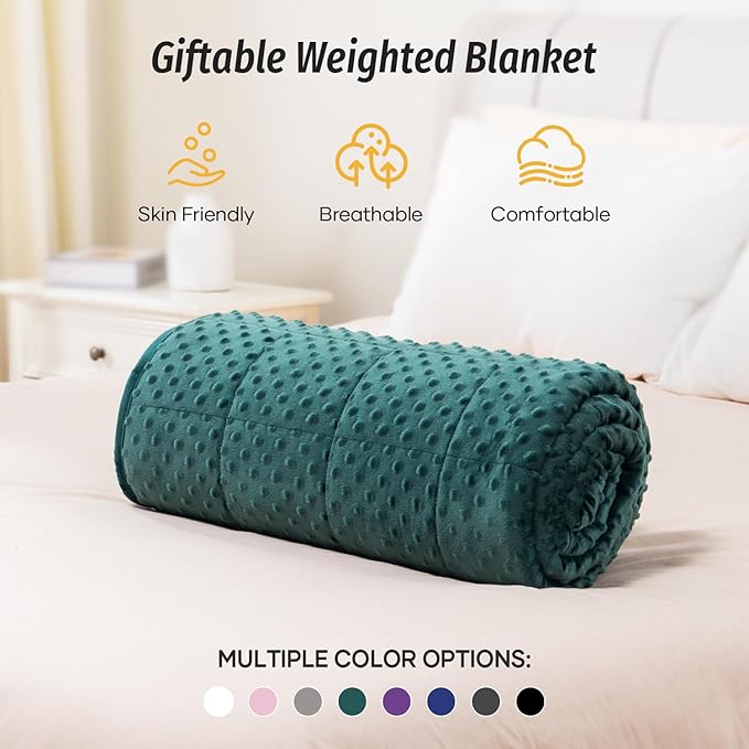Wemore Minky Dot Weighted Blanket for Adults Queen Size 15 lb, Soft Heavy Blanket for Stress Relief and Sleep Promotion, Breathable Blanket for All-Season with Glass Beads, Dark Green 60 x 80 inches
