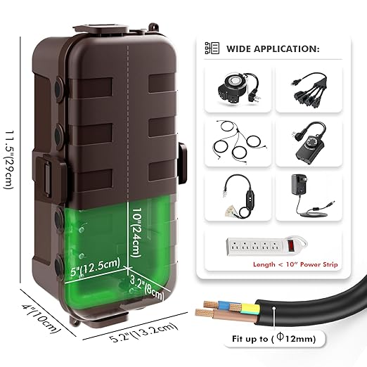 RESTMO Outdoor Electrical Box, IP54 Weatherproof Extension Cord Cover with 6 Cable Entry Ports, Waterproof Connection Box Protect Power Strip, Timer, Plug, Holiday Lights, (11.5x5.2x4 inch), Brown