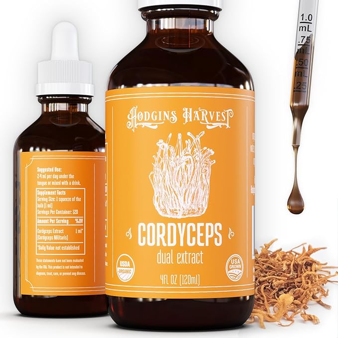 Hodgins Harvest Organic Cordyceps Mushroom Fruiting Body Extract Tincture - Extra Concentrated Dual Extract Supplement - Mushrooms for Energy Support - USDA Certified Organic - 4 fl oz