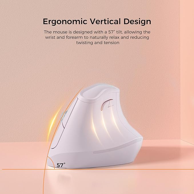 57° Ergonomic Wireless Tower Mouse, Vertical Quiet Ergo Mouse, Bluetooth(BT5.0,BT3.0)&2.4G, (800/1200/2400/2400/4000), 7 Buttons for Windows, macOS, iPadOS, Laptop, PC, Pink