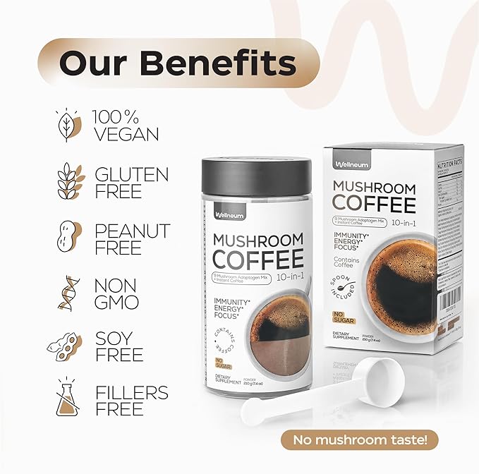 Mushroom Coffee - 10-in-1 Mushroom Superfood Adaptogen Mix - Lion's Mane, Chaga, Turkey Tail, Reishi, Organic Arabica Instant Coffee - for Gut Health, Immunity, Energy - Sugar Free - 7,4 oz (35 Serv)