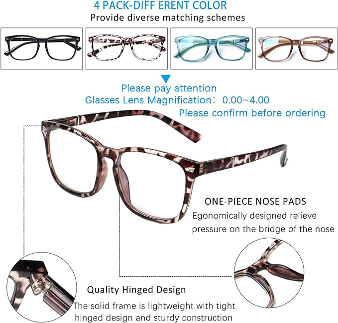 Henotin 4-Pack Blue Light Blocking Reading Glasses Women Men,Spring Hinge Computer Readers,Anti UV Ray Square Nerd Eyeglasses (4-pack Mix Color, 2.75, Diopters)