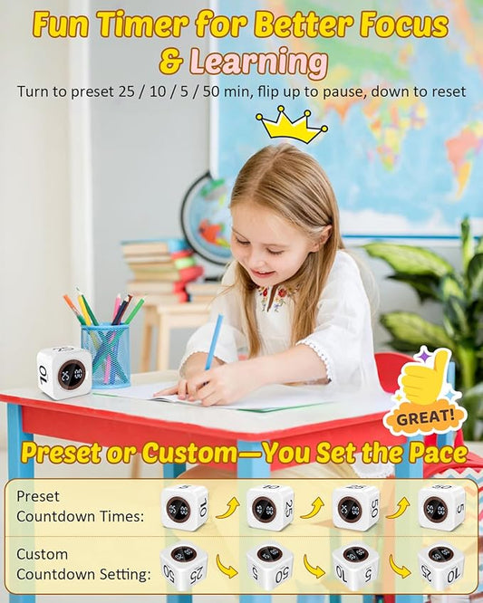 Pomodoro Timer Cube Visual Productivity Flip Timer for Kids Classroom Desk, 5/10/25/50min& Custom Countdown, Silent&Sound Mode Digital Cube for ADHD Study Work School Game Kitchen (White)