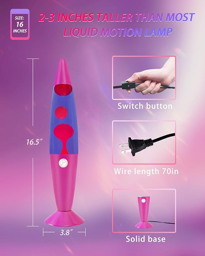16-Inch Liquid Motion Lamp- Pink Base, Purple Liquid, Pink Wax, Beautiful Magma Lamp with 2 packs bulbs for Adults Kids, Night Light for Boys Girls Present Home Bedroom Office Living Room Decor