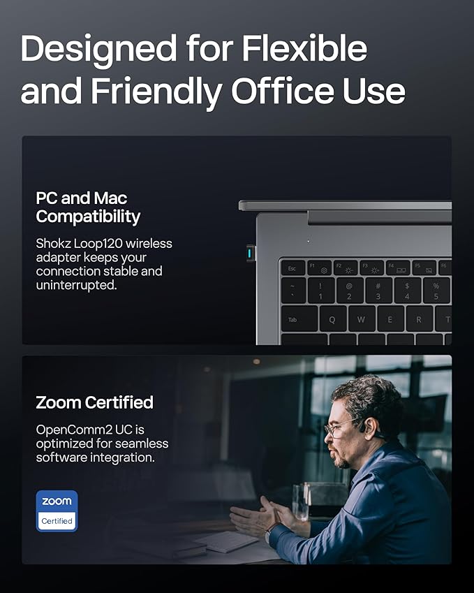 OpenComm2 UC 2025 Upgrade - Open-Ear Wireless Computer Headset with Boom Mic, Bone Conduction Bluetooth Stereo Headphones, USB-A Dongle Compatible with PC and Mac, Zoom Certified - C120UC