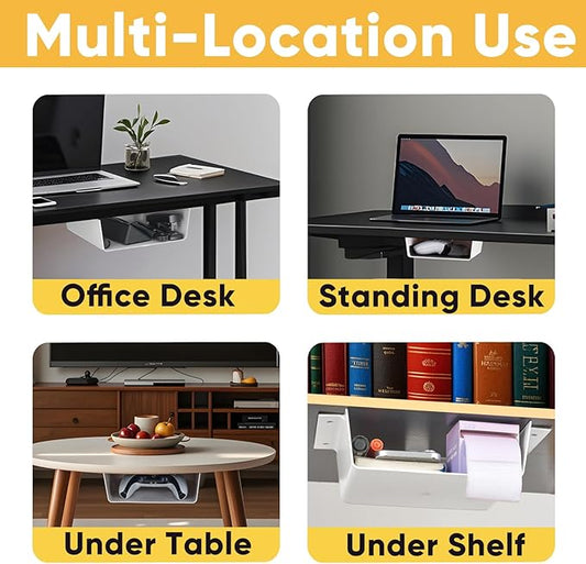 4 Pack Under Desk Hanging Shelf Drawer Organizer, Attachable Plastic Hidden Storage Tray, Easy Adhesive Mount Holder for Standing Tables, Office, Counters, Cabinets, Workstations - White