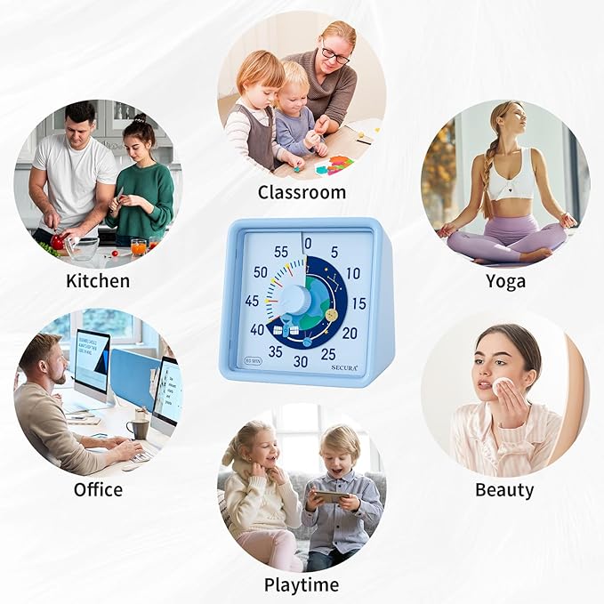 Secura 60-Minute Visual Timer for Kids, Time Clocks, Countdown Timer for Office Kitchen, Classroom Timer for Kids, Silent Time Management Tool (Blue & Blue)