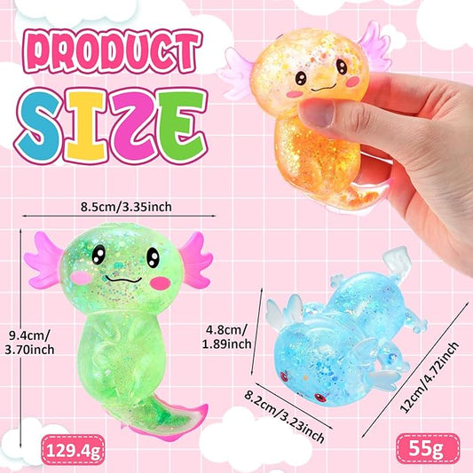 Meooeck 12 Pack Axolotl Stress Relief Toys Glitter Axolotl Starfish Stress Balls Fun Relaxing Squeeze Fidget Toys Relieve Anxiety Squeeze for Birthday Party Goodie Bag Stuffers(Mixed Style)