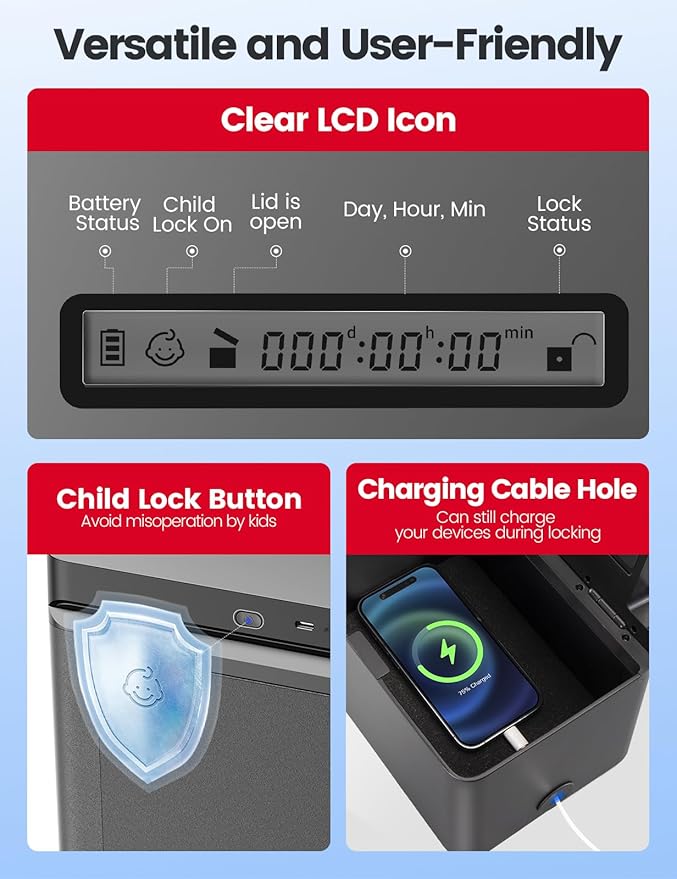 Vaydeer Metal Timed Lock Box, Phone Lockbox with Timer, Time Locking Safe, Self-Control Container with USB C Charge,Child Lock, Audio Prompt, Time Release Storage Locker for Phone/iPad Mini/Medicine