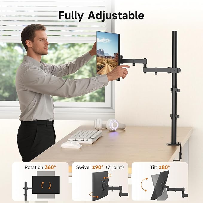 Bracwiser Single Fully Adjustable Standing Height Monitor Arm Stand Mount 800mm Tall for Monitor Computer Screen 13 15 17 19 20 22 23 24 26 27 30 32 inch VESA 75 100 (MD7821)