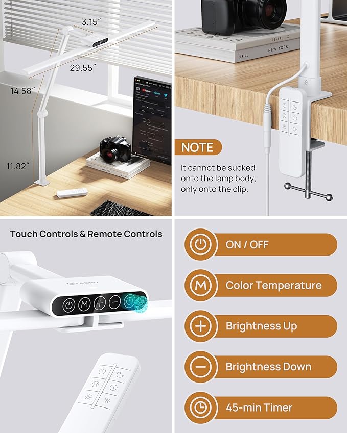 TROND LED Desk Lamp with Clamp - 360° Rotating Architect Desk Lamp for Home Office, 5 Color 5 Brightness Computer Monitor Light, 24W Bright Eye Caring, 45-min Timer with Remote for Table Study Work