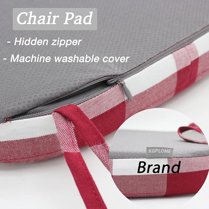 Plaid Chair Cushions with Ties for Dining Chairs - Memory Foam Non Slip Kitchen Chair Pad and Seat Cushion with Machine Washable Cover [16.5 x 16.2 Inches] - (Red White,1)