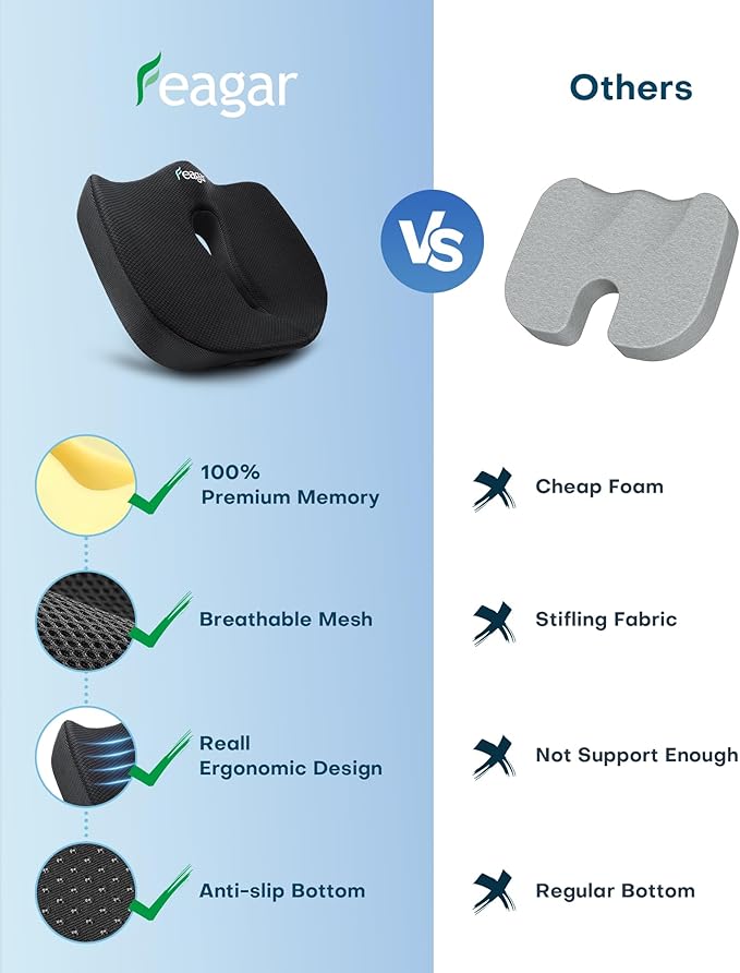 Feagar X Large Memory Foam Seat Cushions for Office Chairs Desk, Chair Cushion Tailbone Pain Relief Extra Dense Hip Sciatica Car Seat Cushion for Long Sitting Black