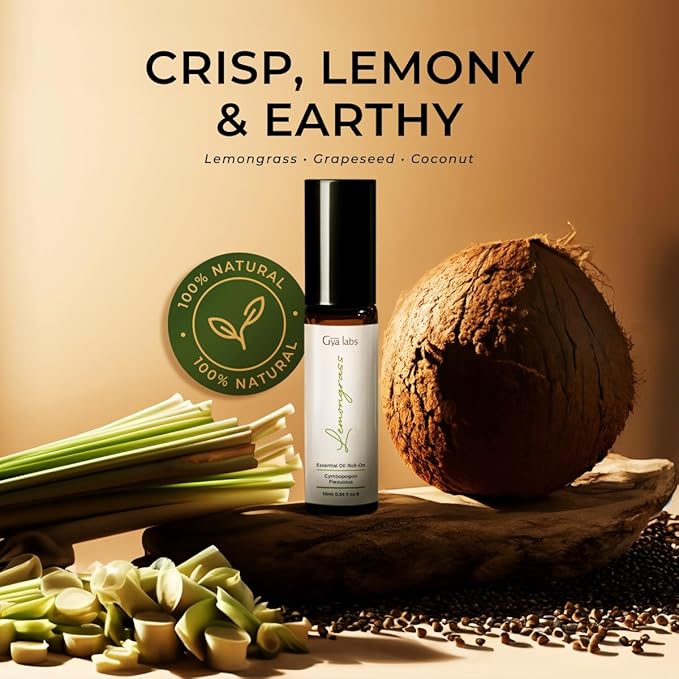 Gya Labs Lemongrass Essential Oil Roll on for Skin - Refreshing Aromatherapy for Outdoor Protection - 100% Pure Natural Lemongrass Oil Perfume Roller - Travel Size (0.34 Fl Oz)