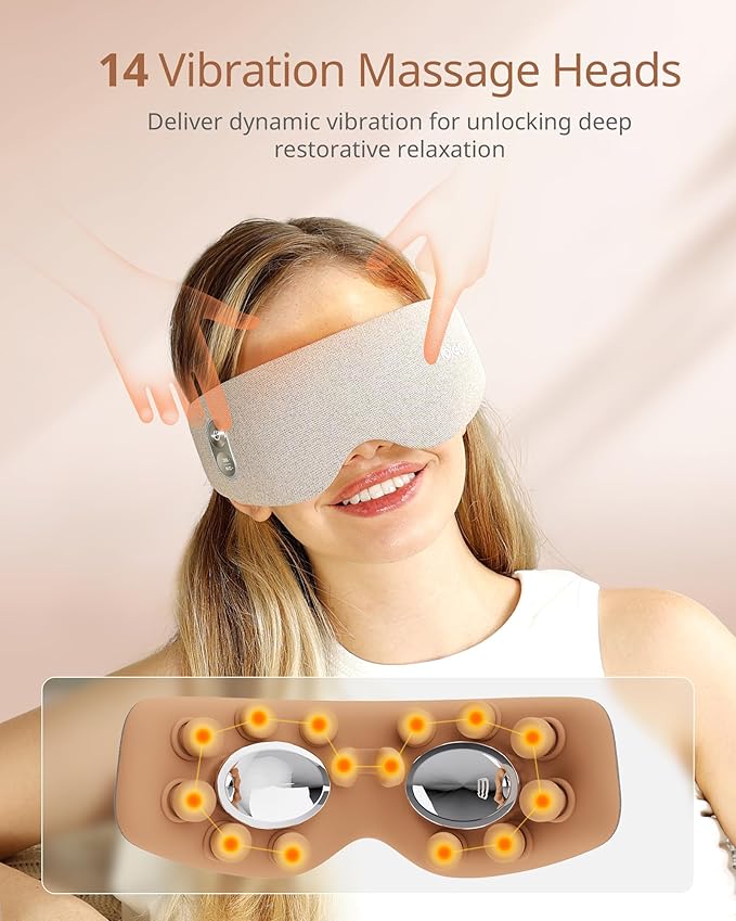 Eye Massager with 2 Level Heat & Cool, 150 Mins Uses, 3 Modes & 14 Vibration Heads, Heated Eye Mask with Bluetooth Music for Migraine, Eye Strain Puffiness and Dry Eye Relief, Relaxation for Women Men
