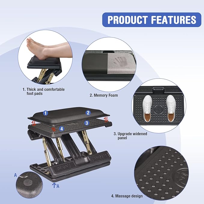 Adjustable Footrest with Removable Foam Cushion, Under Desk Footrest with Massage Beads for Car, Home, Office Stool, 4-Level Height for Improved Posture Back&Hip Pain Relief(Black Plus)