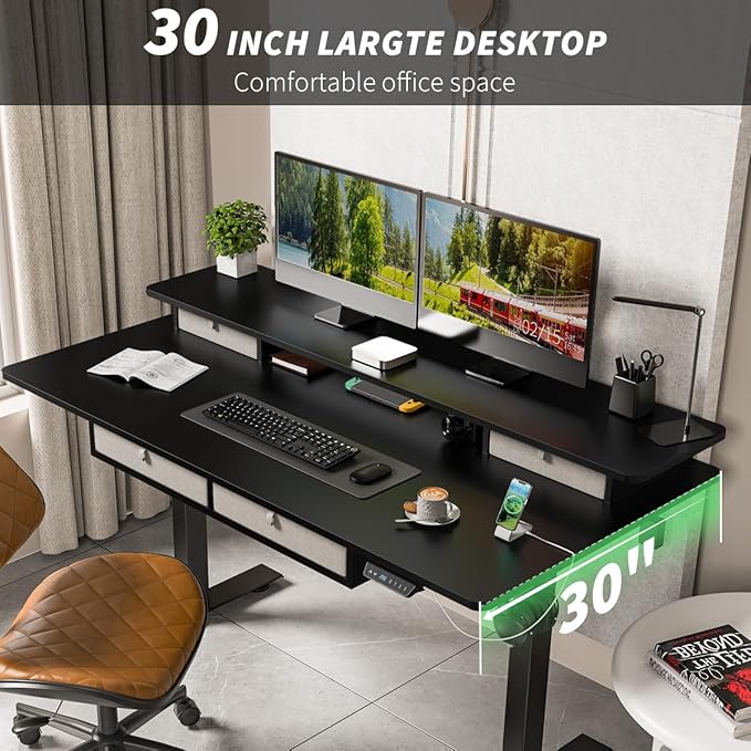 Standing Desk with Fast Charging USB Ports, 48" x 30" Height Adjustable Home Office & Gaming Desk, Sit Stand Desk with Built-in Storage Shelf, Hook & Ergonomic Design(Classic Black)