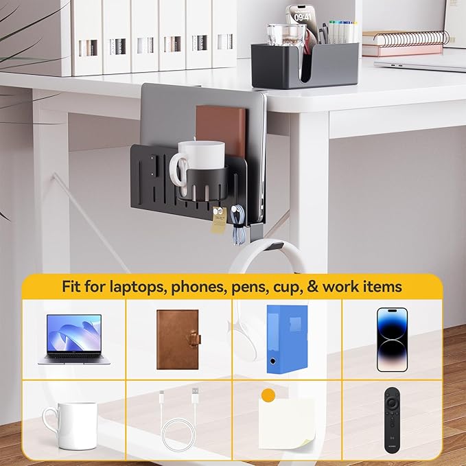 KDD 7 in 1 Desk Side Organizer Set, Under Desk Laptop Holder Storage, No Drill Laptop Stand Mount with 2 Cup Holder, Pen Holder, Headphone Hanger and 2 Pin Magnet, Detachable Hanging Stand