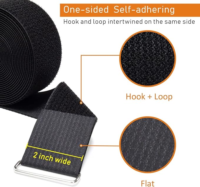 2"x16ft Reusable Cinch Strap with 10 Metal Buckles, Cut-to-Length Fastening Securing Straps, Adjustable Nylon Cable Straps and Cord Ties for Organizer or Storage, 2 inch Wide, Black