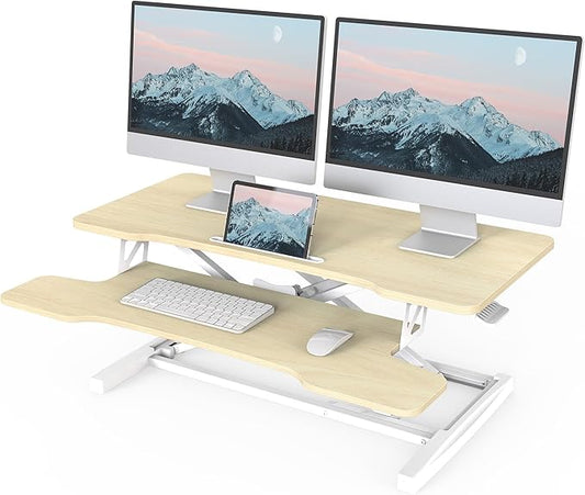 FITUEYES Height Adjustable Standing Desk 36” Wide Sit to Stand Converter Stand Up Desk Tabletop Workstation for Laptops Dual Monitor Riser Oak SD309104WO