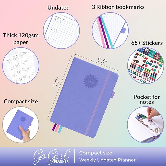 GoGirl Planner and Organizer for Women – Compact Size Weekly Planner, Goals Journal & Agenda to Improve Time Management, Productivity & Live Happier. Undated – Start Anytime, Lasts 1 Year – Lavender