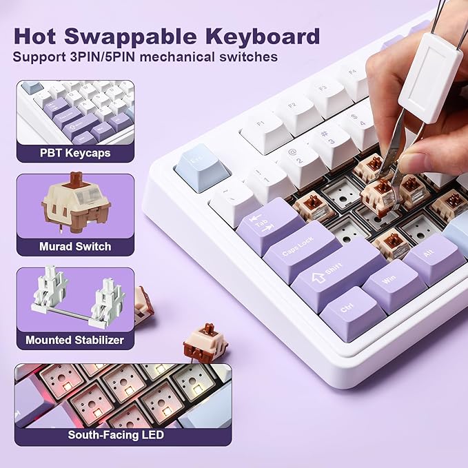 AJAZZ AK980 Mechanical Keyboard with Smart Display & Knob,98% Wireless Keyboard Tri-Mode BT/2.4G/USB-C, Hot Swappable, PBT Keycaps, with RGB Light for Win & Mac(Purple,Murad Switch)