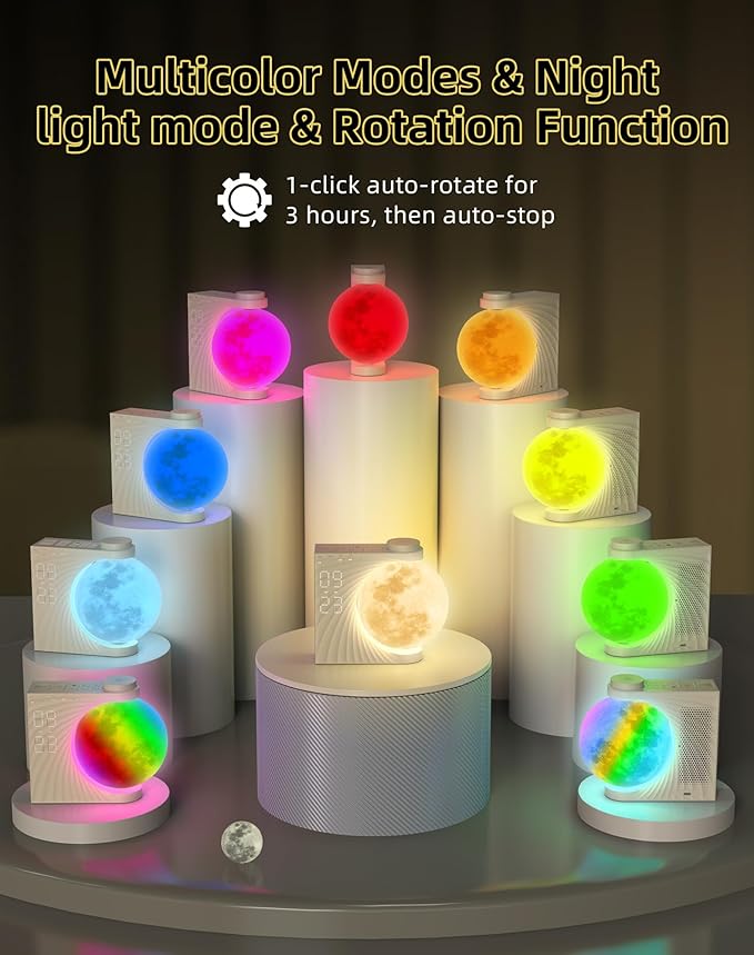 Sunrise Alarm Clock for Bedrooms - Auto-Rotating Moon Lamp with Wake-Up Light & Night Light, 10 Nature Sounds, Dual Alarms for Heavy Sleepers, 30/60/90 Timer & Snooze