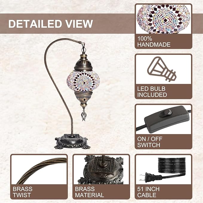 Kafthan Turkish Moroccan Mosaic Lamp – Handmade Glass Swan Neck Bedside Lamp with Antique Brass Base, Ideal Decor for Bedroom, Office, Living Room – Bulb Included (Multicolor Center Circle)