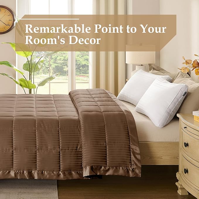 downluxe Queen Size Blanket with Satin Trim, Lightweight Down Alternative Blankets Queen Size for All Season, Machine Washable (Brown, 90x90 Inch)