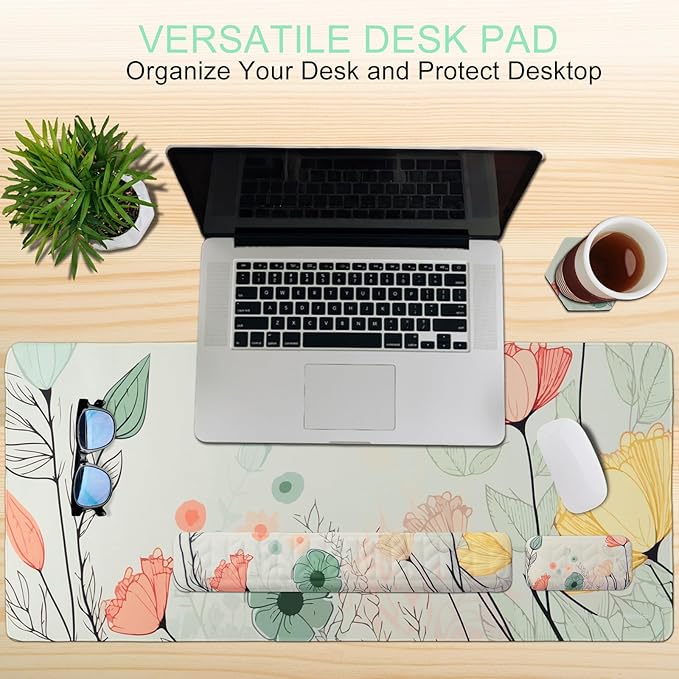 Petmolico Mouse Pad Set Wrist Rest with Keyboard Desk Pad,Mouse Pad with Wrist Rest,Typing Wrist Pad and Cup Coasters,Ergonomic Design for Typing Pain Relief[Light Brown,Big Flower]