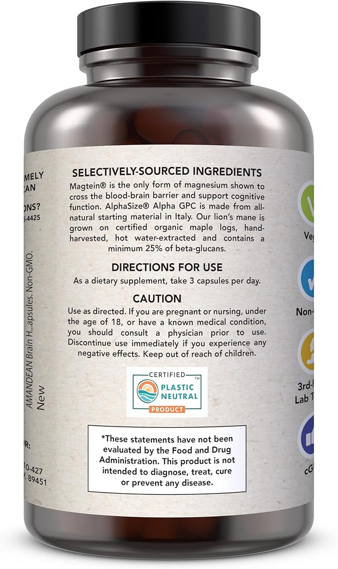 AMANDEAN Brain Supplement. Nootropic Cognitive Support for Memory, Focus, Clarity. Magnesium L-Threonate (Magtein), Lion's Mane Mushroom Extract, Alpha GPC Choline Complex. 90 Veggie Capsules.