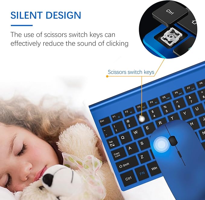 TopMate Wireless Keyboard and Mouse Ultra Slim Combo, 2.4G Silent Compact USB Mouse and Scissor Switch Keyboard Set with Cover, 2 AA and 2 AAA Batteries, for PC/Laptop/Windows/Mac - Blue Black