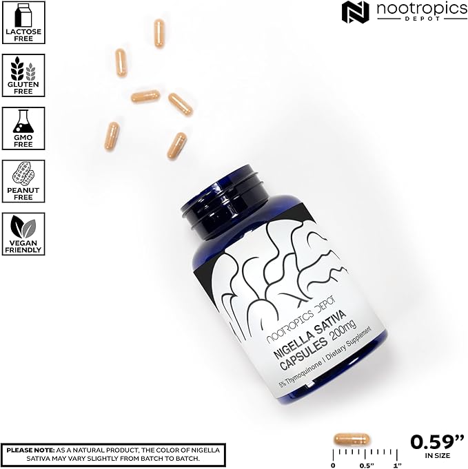 Nootropics Depot Nigella Sativa Extract Capsules | 200mg | 60 Count | Minimum 5% Thymoquinone Content | Black Seed Oil Extract | Supports Memory, Liver, Brain, and Immune Function