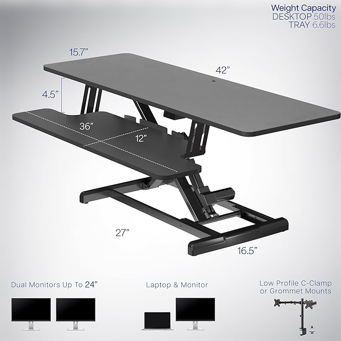 VIVO 42 inch Electric Motor Desk Converter, Height Adjustable Riser, Sit to Stand Dual Monitor and Laptop Workstation with Wide Keyboard Tray, Black, DESK-VE42B