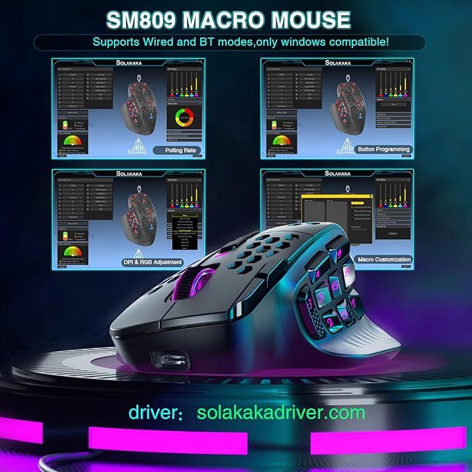 SM809 Pro Wireless MMO Gaming Mouse with 9 Side Buttons,24000 DPI,Triple Connectivity (2.4G/BT5.0/Wired) RGB MMO Mouse for Gamer,16 Programmable Macros,Up to 350H Battery Life,Black