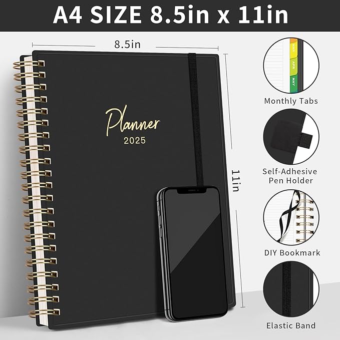 EMSHOI 2025 Planner Hourly Daily Weekly and Monthly, A4 (8.5x11), 3-Tier Appointment Book Vertical Schedule Calendar Organizer for Women Men Work Business, with Monthly Tabs, Note Pages, Black