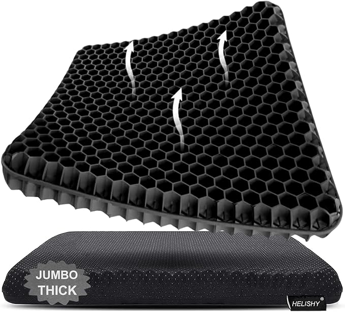 Gel Seat Cushion, Jumbo&Thick Gel Cushion with Non-Slip Cover for Home Office Car Seat Wheelchair, Soft Breathable Honeycomb Chair Pads for Relieve Hip Pain, Black 20x20x1.9inch