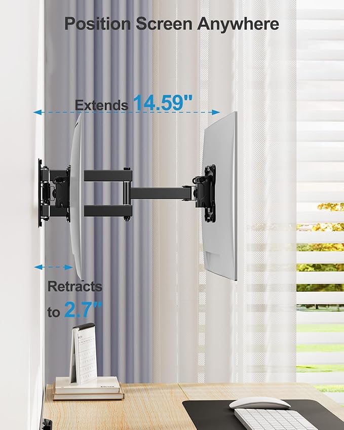 HUANUO Single Monitor Wall Mount for 17 to 34 Inch Computer Screens, Holds up to 44 lbs, Full Motion Wall Mount Monitor with Articulating Arms, Swivel, Rotation, Tilt, Max VESA 200x200, Black