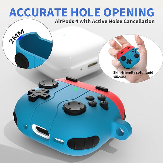 DamonLight Game Case for AirPods 4 Cover Shock-Proof Protective Silicone Case with Cleaning Pen and Keychain Accessories for Apple Airpods 4th Generation (Blue & Red)