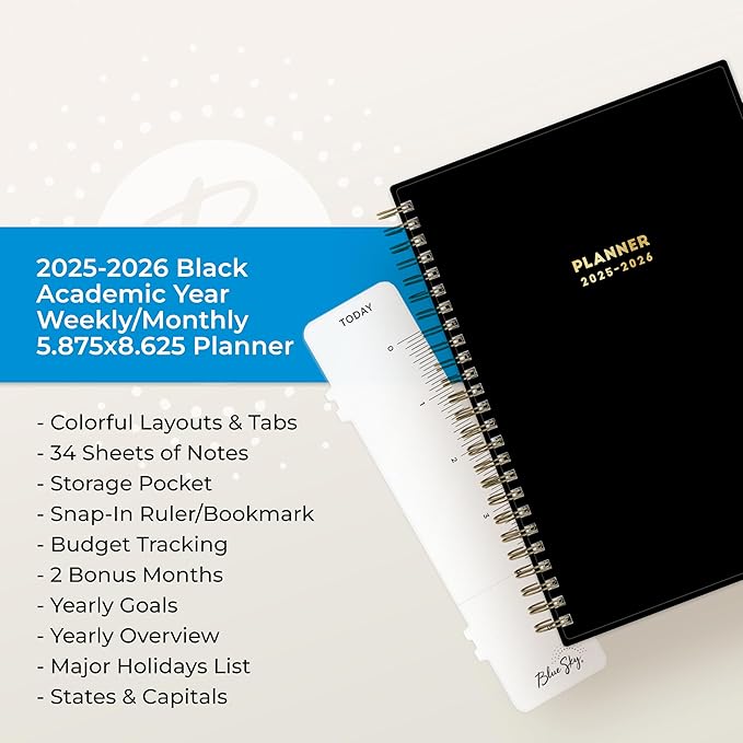 Blue Sky 2025-2026 Academic Year Weekly and Monthly Planner Calendar, July 2025 - June 2026, 12-Month, 5.8" x 8.6", Flexible Cover, Wirebound, Laminated Tabs, Storage Pocket, Black