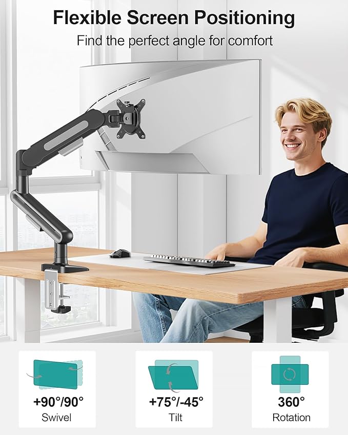 MOUNT PRO Single Monitor Desk Mount for Max 40 Inch Screens, Adjustable Gas Spring Monitor Arm Holds up to 26.5lbs, Computer Monitor Stand with Clamp and Grommet Base, VESA Mount 75x75mm/100x100mm