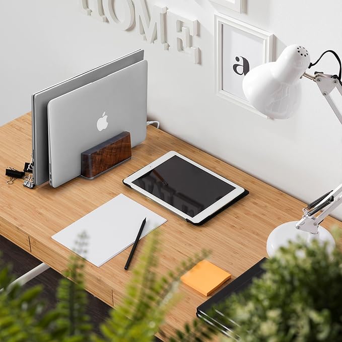 GEVO Vertical Laptop Stand for Desk - Laptop Holder for MacBook and Other Laptops - Wooden Office Desk Accessories