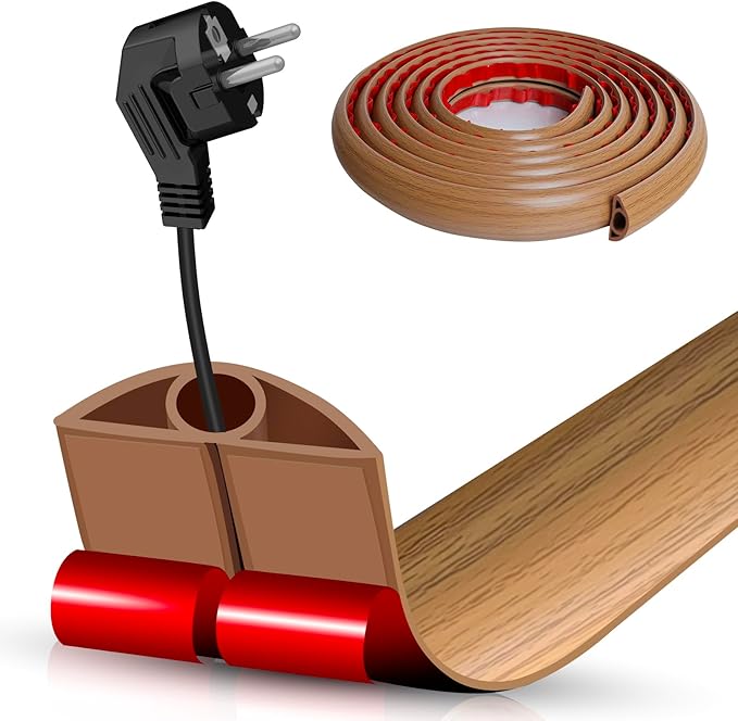 Floor Cord Cover Self Adhesive Cord Hider,10FT Cable Management, Extension Strip Protector for Wires, Prevent Cable Trips for Offices, Gyms, Exhibitions Cavity:0.3"(W) x 0.28"(H) Brown Wood