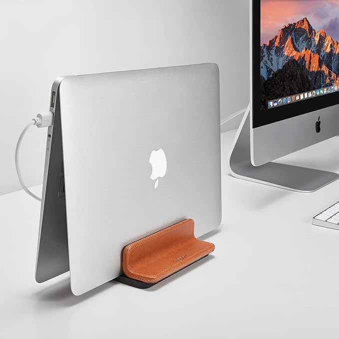 Leather Vertical Laptop Stand,Dual Laptop Holder Stand,Laptop Organizer with Adjustable Dock (18-26mm/0.7-1 in) for All MacBook/Tablet/Surface/Dell/iPad (Brown)