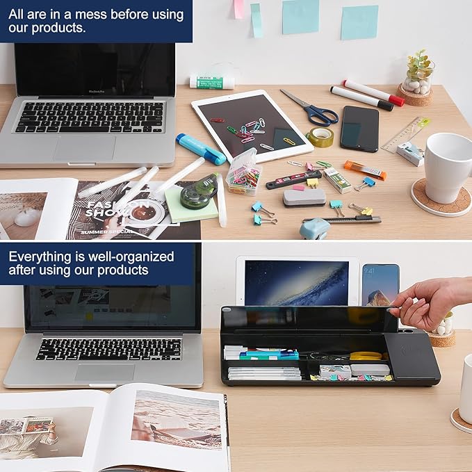 Small Glass Desktop Whiteboard Dry-Erase-Board - Computer Keyboard Stand with Wireless Charger White Board Surface Pad with Drawer, Desk Organizers with Accessories for Office, Home, School Supplies