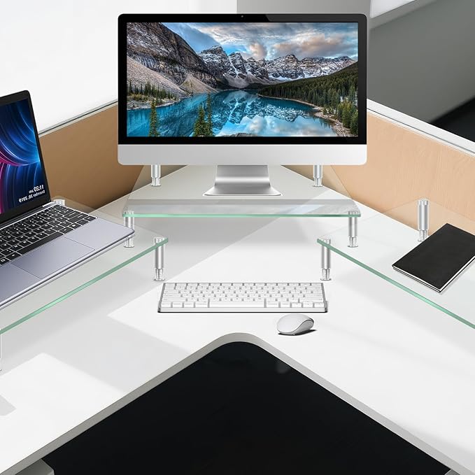 Tempered Glass Monitor Riser with Height Adjustable, Clear Computer Monitor Stand for Desk, Laptop TV, Desk Organization, 2Pcs, 15L x9.45W x3.75H Inches